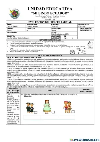 Evaluación de Estudios Sociales del Tercer Parcial del Primer Quimestre