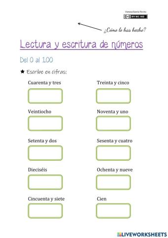 Lectura y escritura de números del 0 al 100