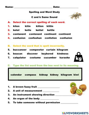 C and K Same Sound Word Study Quiz
