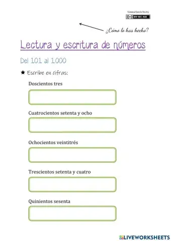 Lectura y escritura de números del 101 al 1000