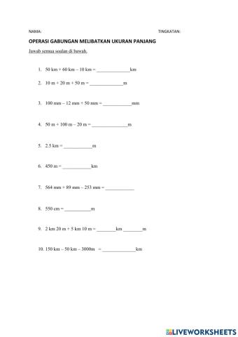 Latihan 2 Matematik (ukuran panjang)