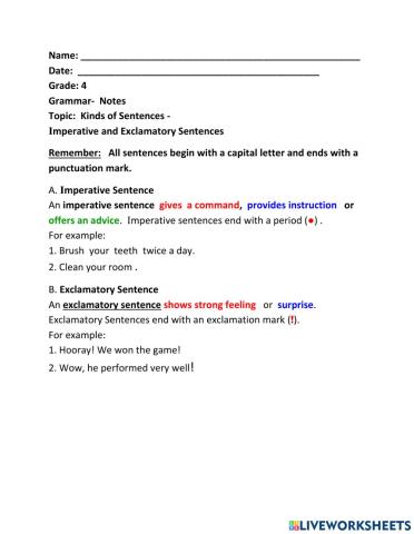 Imperative and Exclamatory Sentences- Class Notes