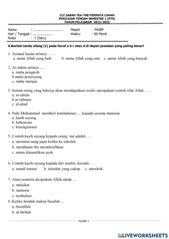 PTS Agama Islam Kelas 1