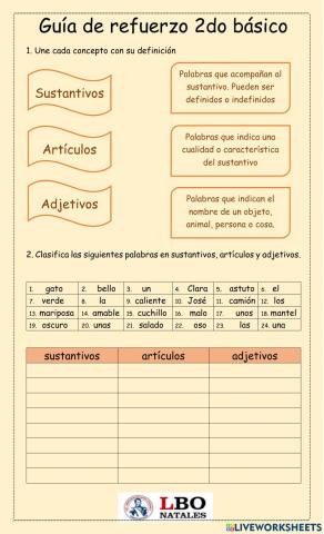 Guía refuerzo sustantivos , artículos y adjetivos