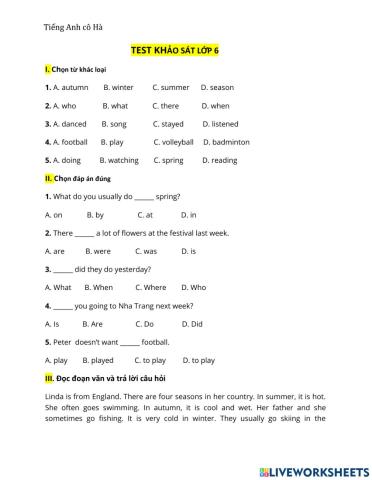 Test khảo sát lớp 6