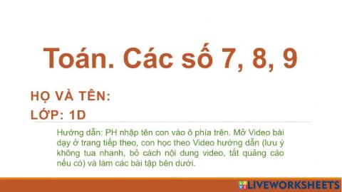 Toán: Các số 7, 8, 9