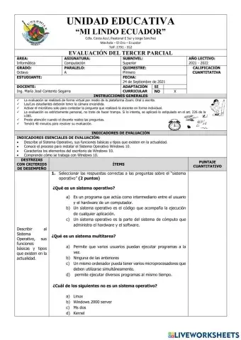 Evaluación de Computación Octavo del Tercer Parcial del Primer Quimestre