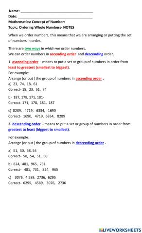 Ordering Whole Numbers- Note Taking