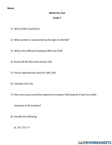 Math Pre Test IB Unit 1 Grade 7