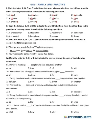 Unit 1: Family Life - test 2