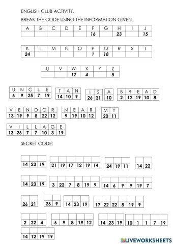 ENGLISH CLUB ACTIVITY - BREAK THE CODE