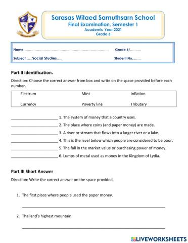 Social Studies Grade 6 Final Exam