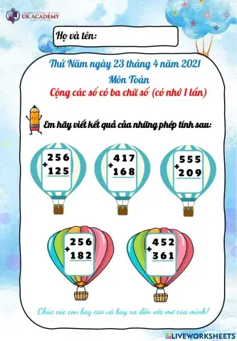 Cộng các số có ba chữ số (có nhớ 1 lần)