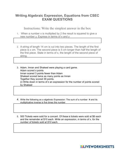 Writing Algebraic Expressions