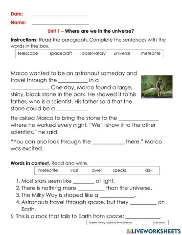 Vocabulary words about space