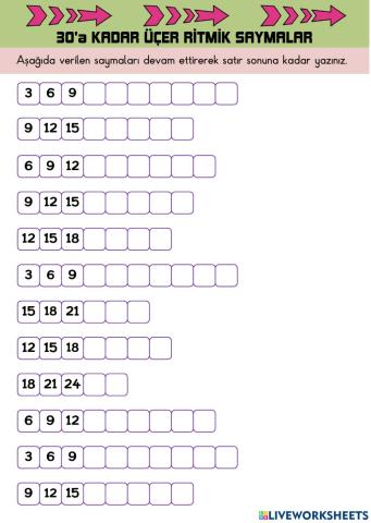 30a Kadar İleri Üçer Ritmik Sayma