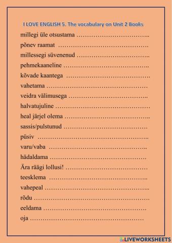 I LOVE ENGLISH 5. The vocabulary on Unit 2 Books