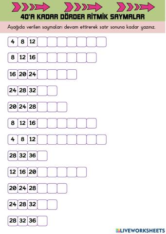 40a Kadar İleri Dörder Ritmik Sayma