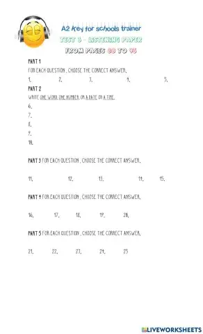 Answer sheet Listening Test 3 A2 Key for schools Trainer