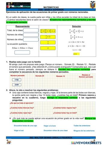 M08W20 Ejercicios de aplicación de las ecuaciones de primer grado con números racionales
