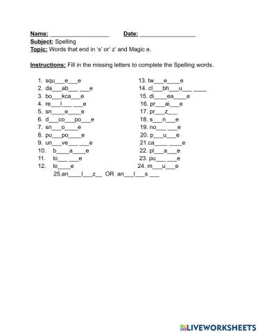 Spelling Words ending in 's' or 'z' and Magic 'e'