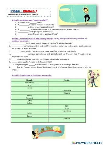 Les clichés français: activités de révisions sur les questions et les adjectifs