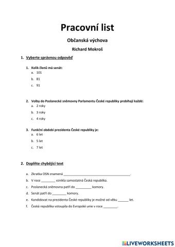 Pracovní list - Občanská výchova