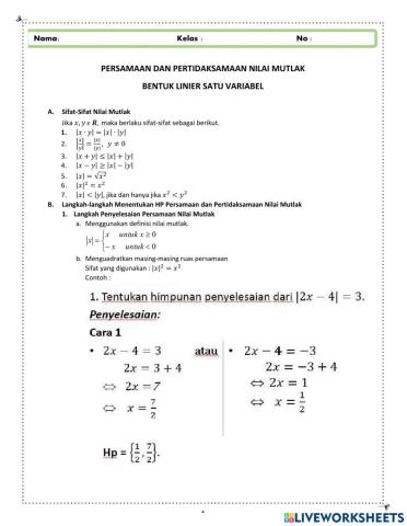 Persamaan dan Pertidaksamaan Nilai Mutlak