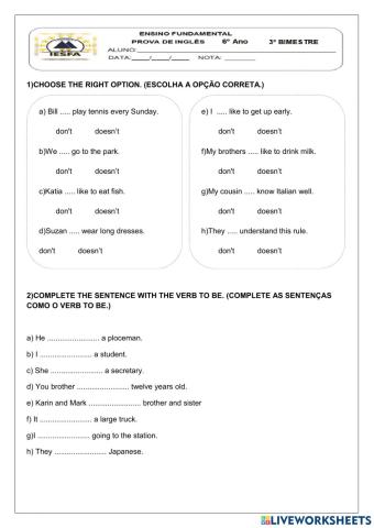 Avaliação Bimestral de Inglês 6º Ano EF - 3º Bimestre