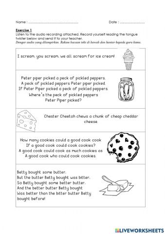 Tongue twister listening and speaking worksheet