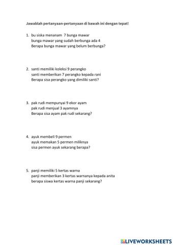 Tematik Kelas 1 SD Materi Pengurangan bentuk soal cerita