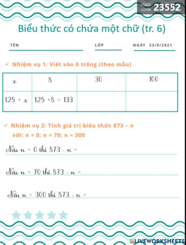 Biểu thức có chứa 1 chữ