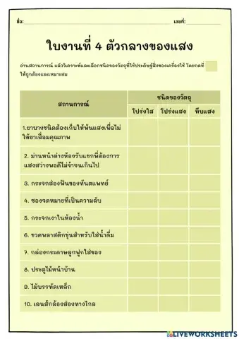 ใบงานที่ 4 ตัวกลางของแสง