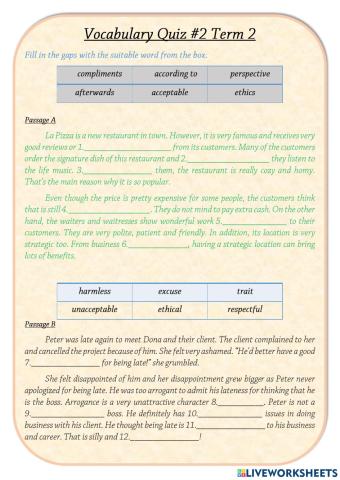 Vocabulary Quiz 2 Term 2