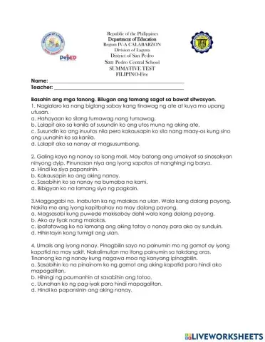 Summative Test in Filipino