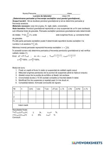 Lucrare de laborator „Pendul gravitațional”