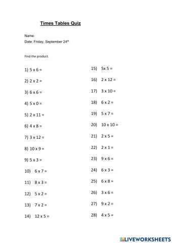 Times tables quiz