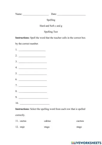 Spelling Test Hard and Soft c and g