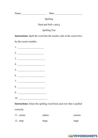 Spelling Test Hard and Soft c and g