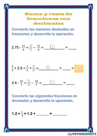 Suma y resta de fracciones con decimales