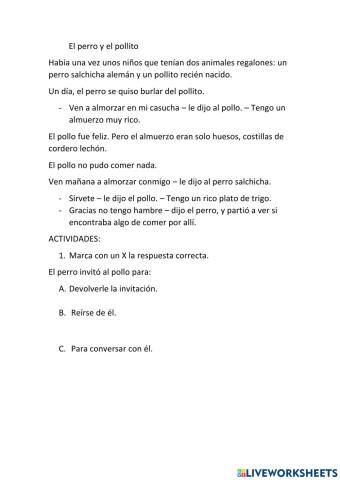 Lectura comprensiva: el perro y el pollito