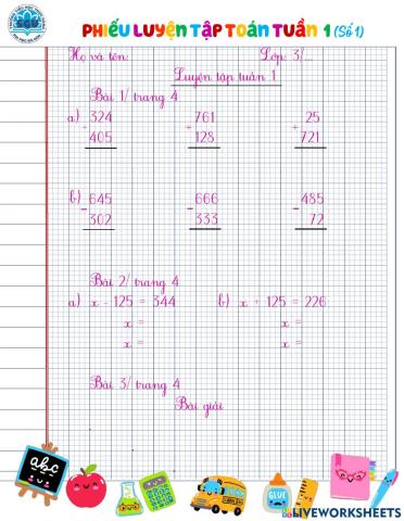 PHIẾU LUYỆN TẬP TOÁN TUẦN 1