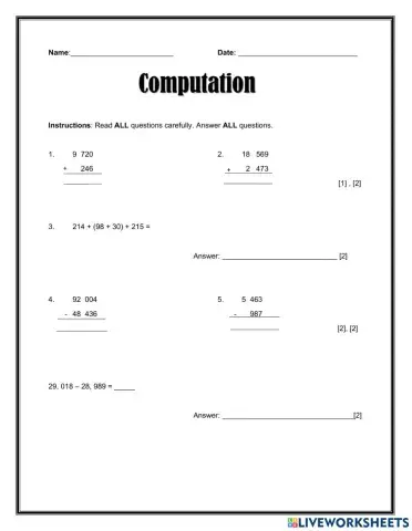 Adding and Subtracting Whole Numbers