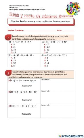 Sumas y restas de enteros con paréntesis
