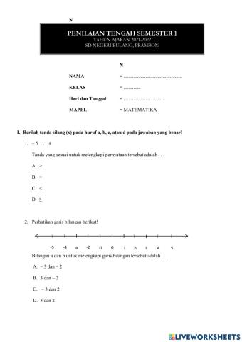 Penilaian Tengah semester 1 Matematika