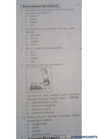 Ulangan harian tematik bahasa indonesia tema 2 st 3&4