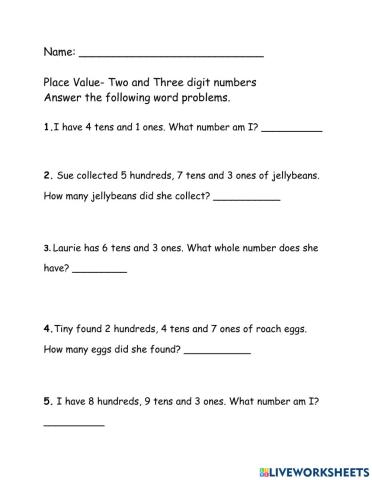 Place Value two and three digit numbers