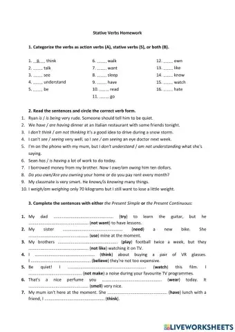 Stative Verbs Homework