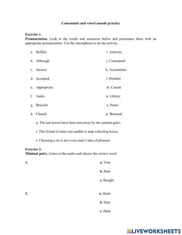 Consonants and vowel sounds practice
