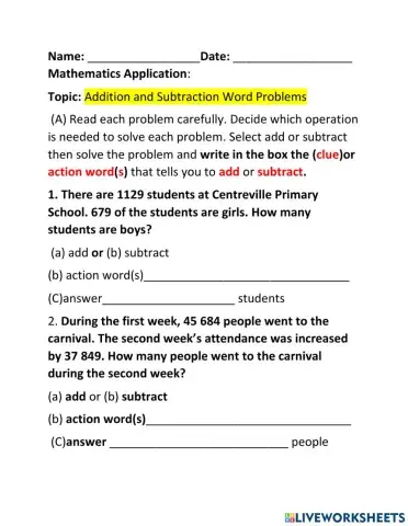 Addition and Subtracting Word Problems